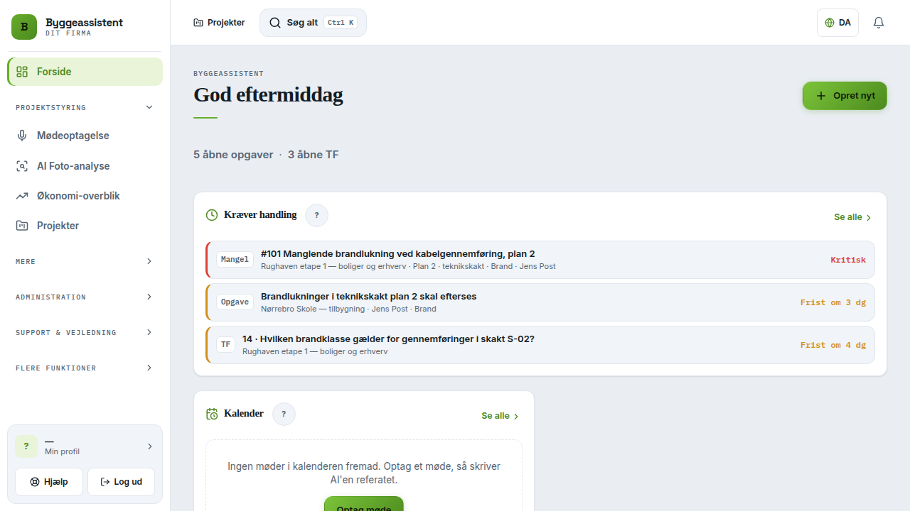 Byggeassistents forside med de punkter, der haster
